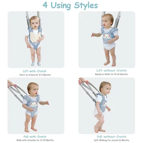 Vista 5 de Arnés de mano para caminar para bebé, cinturón ajustable para niños pequeños, arnés para caminar de pie, ayudante de aprendizaje con entrepierna Azul