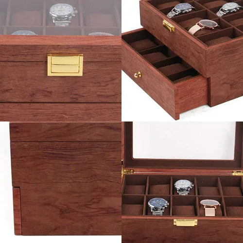 Vista 3 de Caja de reloj con 20 ranuras para reloj, 2 capas, con tapa superior de acrílico, organizador de relojes para hombres y mujeres, palo de rosa