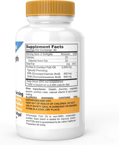 Vista 2 de DrFormulas Aceite de pescado Omega 3 de triple fuerza de 2000 mg con EPA y DHA, 180 cápsulas blandas sin eructos