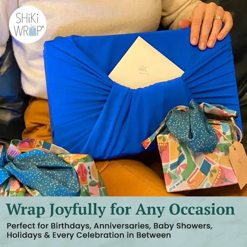 Vista 5 de SHIKIWRAP Envoltura de regalo de tela reutilizable – Pequeño 18 pulgadas azul profundo ecológico reversible, envoltura de tela Furoshiki elástica