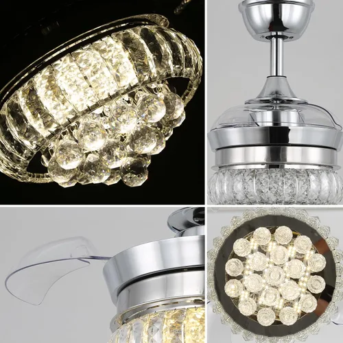 Vista 8 de Ventilador de techo LED de cristal de 22 pulgadas con luz, lámparas pequeñas regulables de 6 velocidades con temporizador, ventilador Chandeleir