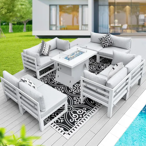 Vista 22 de BULEXYARD - Sofá modular de aluminio para exteriores con mesa para fogata, 7 piezas, color verde azulado