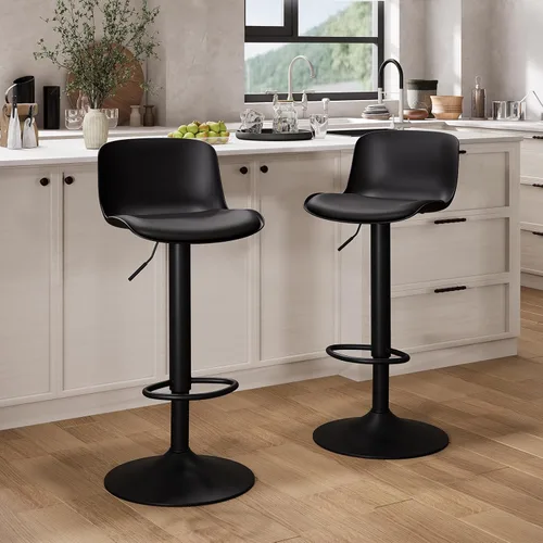Vista 3 de YOUTASTE Juego de 2 taburetes de bar totalmente negros, taburetes de bar giratorios ajustables con respaldo, asientos de silla de bar acolchados