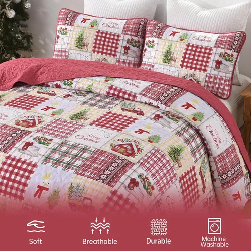 Vista 4 de Luxudecor Juego de edredón de Navidad tamaño Queen de 3 piezas, colcha de Navidad de retazos rojos con fundas de almohada, colcha reversible suave