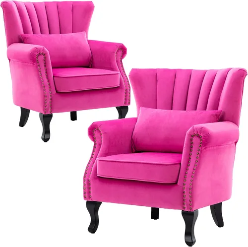 Vista 42 de Juego de 2 sillas decorativas modernas de mediados de siglo, sillón de tela de lino con respaldo acolchado/patas de madera, sillón de descanso