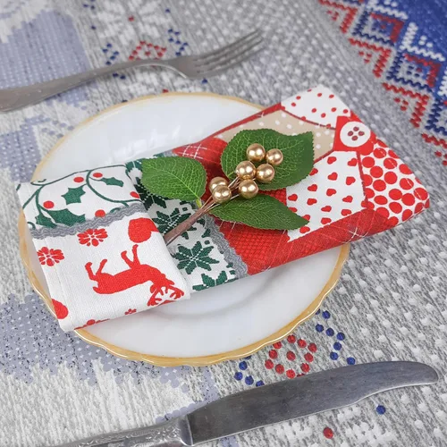 Vista 4 de Christmas Print Napkins Set of 10, Red and Green Christmas table decor, fabric dinner table napkins with Christmas Simbols, Farmhouse Christmas