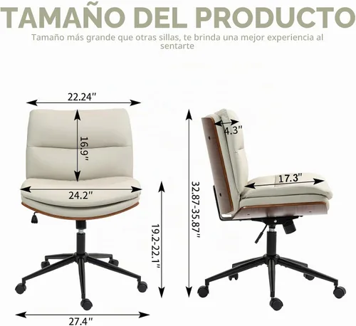 Vista 2 de Silla de oficina moderna sin brazos de nogal con ruedas, silla ejecutiva de cuero PU ajustable de giro amplio, silla de computadora ergonómica