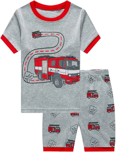 Vista 2 de Pijamas de algodón para niños pequeños, conjunto de 2 piezas con diseño de camión de bomberos, ropa de dormir de excavadora, ropa de verano