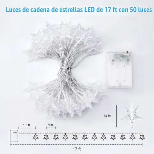 Vista 7 de Minetom - Cadena de luces con forma de estrella operadas a pilas - 5.2 m, 50 luces LED, impermeables, con temporizador, para decoración