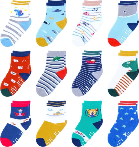 Vista 13 de 12 paquetes de calcetines antideslizantes para niños y bebés con agarre para niños de 1-7 años, calcetines de algodón de tripa para niños y niñas