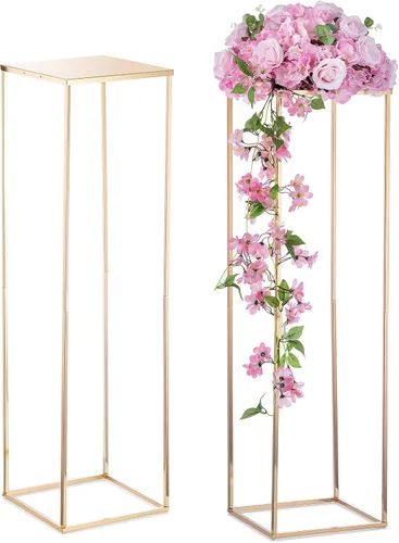 Vista 13 de Nuptio Jarrón de metal negro, 2 piezas de 15.7 pulgadas de alto, jarrones cilíndricos y cuadrados para centros de mesa, decoraciones para el hogar