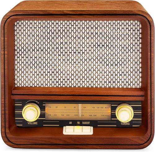 Vista 2 de ClearClick Radio AM/FM de estilo retro clásico vintage con Bluetooth y entrada auxiliar, exterior de madera hecho a mano