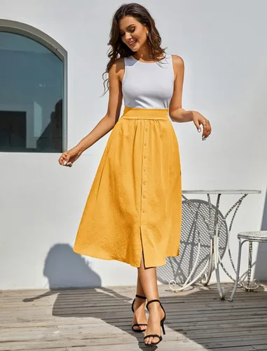 Vista 6 de Kate Kasin Falda midi de cintura alta para mujer, estilo vintage, elástica, acampanada, plisada, con botones y bolsillos