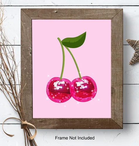 Vista 8 de Arte de pared retro de moda y decoración, póster de decoración del hogar con bola de disco de cerezo, arte de pared de sala de estar rosa