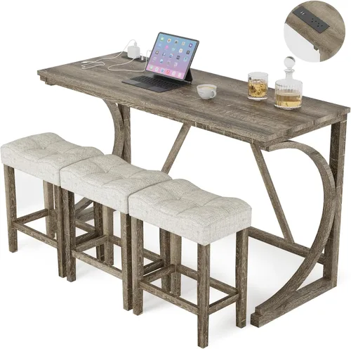 Vista 12 de allamazing Juego de Mesa de Bar de Altura de Mostrador de 3 Piezas con Enchufe y 2 Taburetes de Bar Acolchados de Tela, Juego de Mesa de Comedor 1+2