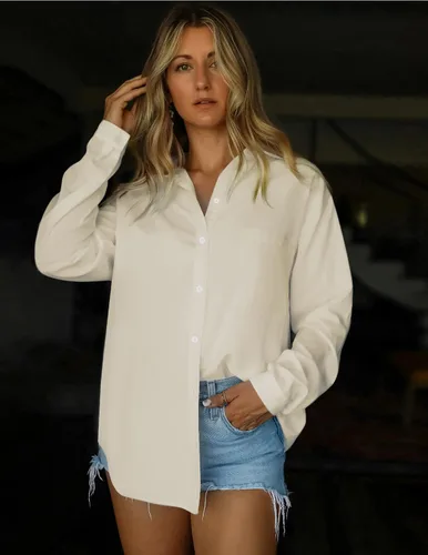 Vista 3 de HOTOUCH Camisas de gran tamaño con botones para mujer, blusa de hombro caída para oficina, de manga larga, estilo novio, camisa de vestir