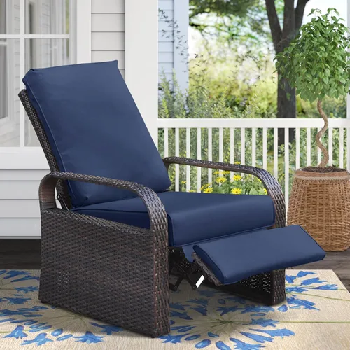 Vista 11 de Babylon Sillón reclinable de mimbre para exteriores, silla reclinable ajustable para patio con cojines de 14 cm de grosor y otomana, resistente a