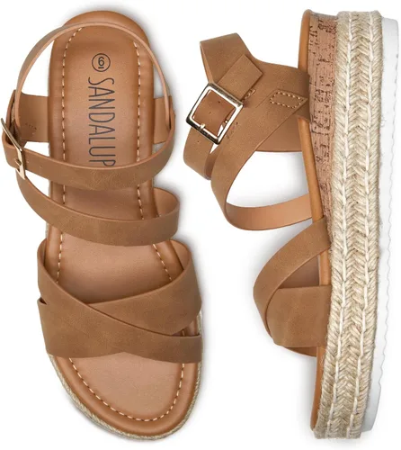 Vista 3 de SANDALUP Sandalias de plataforma para mujer, hebilla y correa de tobillo con correa de tobillo, plataforma de cuña sintética, alpargatas