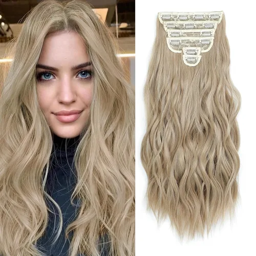 Vista 37 de Fliace Extensiones de cabello con clip para mujer, extensiones de cabello ondulado largo de color marrón medio, extensiones de cabello sintético