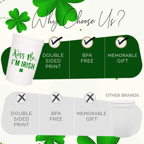 Vista 9 de Kiss Me I'm Irish - Juego de tazas de plástico para el día de San Patricio, 12-16 onzas para recuerdos de fiesta y decoraciones temáticas de trébol