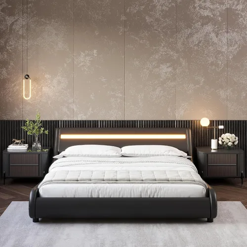 Vista 3 de TTVIEW Base de cama LED de perfil bajo de tamaño matrimonial con cabecera ajustable, moderna plataforma tapizada con soporte de listones de madera