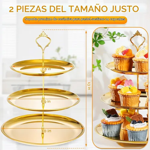 Vista 2 de Yaomiao Juego de 2 bandejas doradas de 3 niveles para servir con base de acero inoxidable para cupcakes, soporte para mesa de postre, juego