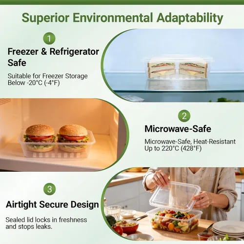 Vista 3 de Contenedor desechable de 49 onzas para preparación de comidas, grande para alimentos, 50 unidades de contenedores de plástico con tapas