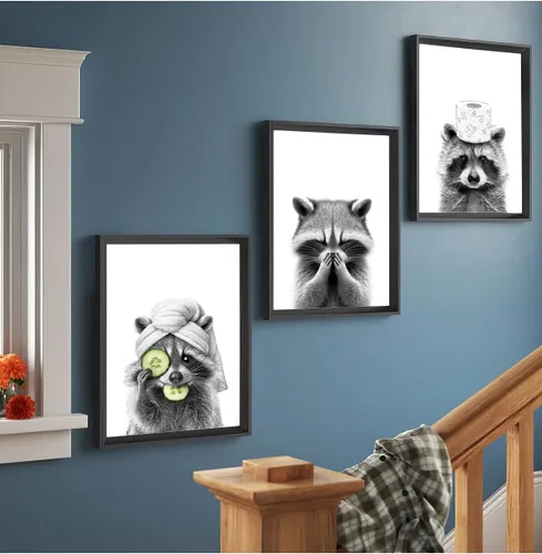 Vista 2 de Adorable póster artístico de mapache para baño, divertido póster de decoración de pared en blanco y negro, impresiones en lienzo de animales lindos