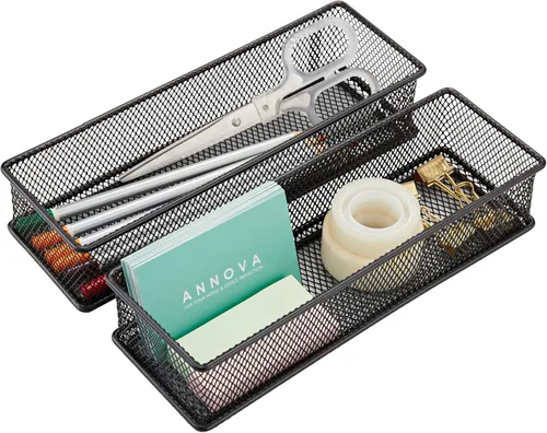 Vista 28 de Annova Organizador de cajones y estantes apilables de malla, cesta de almacenamiento, bandeja para suministros escolares y de oficina, juego de 2