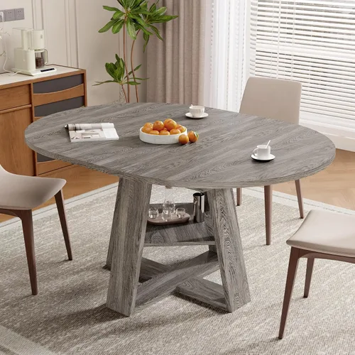 Vista 10 de Aivermel Mesa de comedor ovalada extensible de 43.3 a 59 pulgadas para 4-6, mesa de comedor redonda de madera de ingeniería con almacenamiento