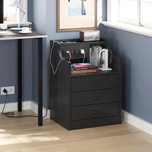 Vista 5 de ADORNEVE - Mesita de noche con estación de carga, mesita negra para dormitorio, mesa auxiliar con aparador y cajones de almacenamiento