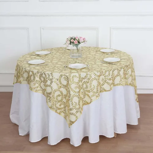 Vista 17 de Efavormart - Superposición de mesa de tul bordado de hojas de lentejuelas plateadas de 72 x 72 pulgadas, mantel cuadrado transparente Plateado