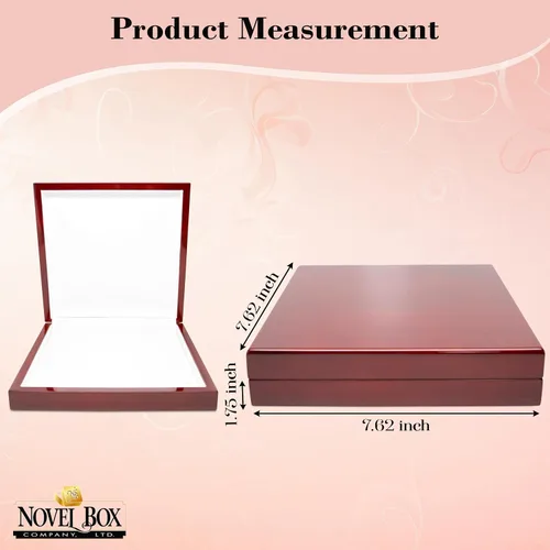 Vista 2 de Novel Box - Joyero rojo de madera de cerezo para collar de 7.62 x 7.62 x 1.75 pulgadas con interior blanco, cajas de regalo de madera para collares
