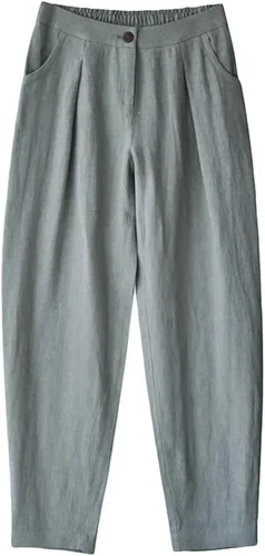 Vista 2 de Minibee - Pantalones informales de lino para mujer con cintura elástica y bolsillos
