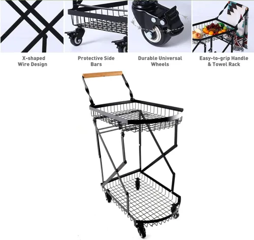 Vista 3 de Carrito plegable multiusos de 2 niveles, carrito de compras plegable móvil con caja de almacenamiento de ruedas y mango de madera para oficina, sala