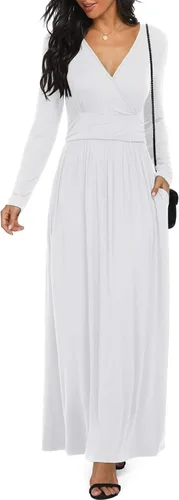 Vista 37 de LILBETTER - Vestido largo de manga larga, cuello en V profundo, holgado, liso y casual para mujer Verde militar