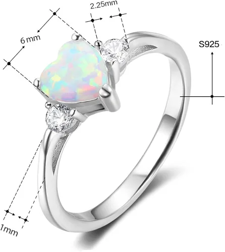 Vista 2 de ACEFEEL - Anillo de compromiso de plata de ley 925 con forma de corazón y ópalo blanco 925 Ópalo sintético