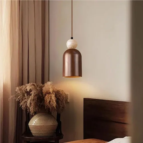 Vista 4 de Nordic Retro Bedside Pendant Light Modern Solid Wood Shade Hanging Lamp with Travertine Accents 78.8IN Adjustable Cord Chandelier for Dining Room