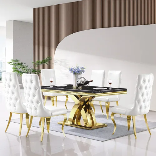 Vista 2 de AUZ Sillas de comedor blancas y doradas, sillas tapizadas de piel sintética blanca con respaldo copetudo y patas curvadas de acero inoxidable