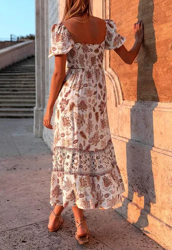 Vista 3 de ZESICA - Vestido de verano largo para mujer, diseño acampanado con cuello cuadrado y volantes, estampado floral y bohemio, para la playa