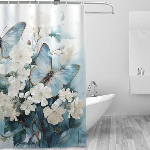 Vista 2 de YLATY3718 - Cortina de ducha de mariposa azul para baño, juego de cortina de ducha bohemia con flores blancas y hojas verdes, tela abstracta moderna