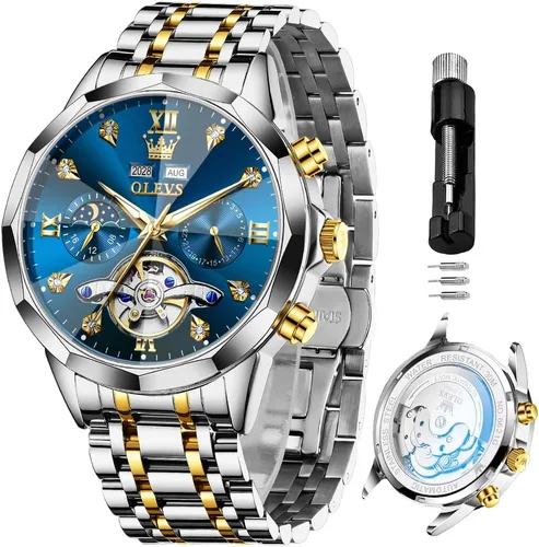Vista 54 de OLEVS Reloj de pulsera automático con diseño de esqueleto para hombre, de lujo, con diamantes de lujo, de acero inoxidable, calendario, reloj