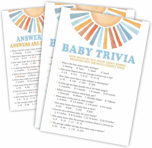 Vista 5 de Name That Baby Song Baby Shower Juego Kit – Acuarela Retro Sun – 30 tarjetas de juego de relleno de doble cara para baby shower, revelación
