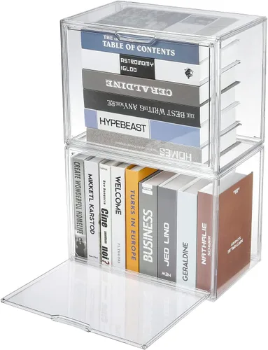 Vista 8 de FABROK Caja Organizadora de Almacenamiento de Libros Transparente, Estuche de Exhibición de Libros de Plástico Apilable con Puerta Magnética
