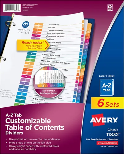 Vista 12 de Avery Índice, divisores de contenido, 26 pestalas (11125)