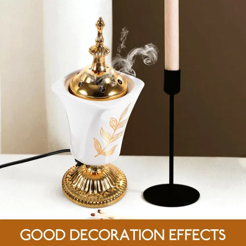 Vista 9 de Holibanna Quemador de incienso eléctrico, estilo de Oriente Medio, incensario de escritorio para yoga, spa, aromaterapia, decoración del hogar