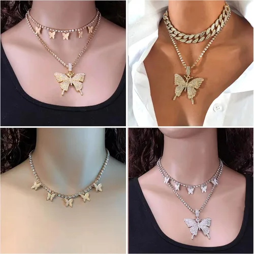 Vista 2 de Juego de 8 collares de cadena en tono plateado y dorado para mujeres, adolescentes y niñas y niños, collar colgante en capas con diseño multicolor