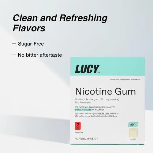 Vista 2 de LUCY NRT - Goma de mascar de nicotina, ayuda para dejar de fumar, sabor a menta, 2 mg 100