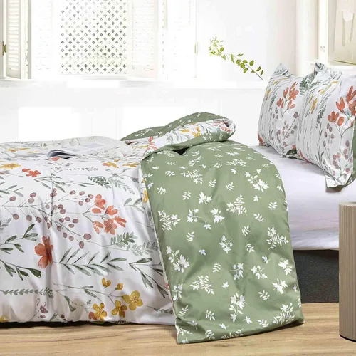 Vista 4 de Funda de Edredón Floral Tamaño King - Flores Blancas Amarillas y Hojas Verdes Primavera Botánica Estampada Juego de Funda de Edredón de Microfibra