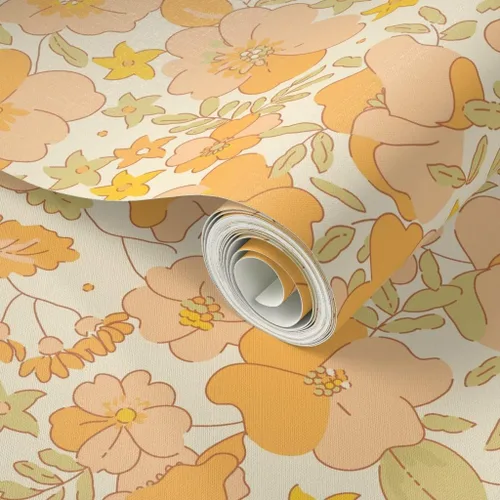 Vista 2 de Papel tapiz para despegar y pegar, diseño floral vintage de los años 70, flores amarillas melocotón, papel tapiz extraíble personalizado Spoonflower